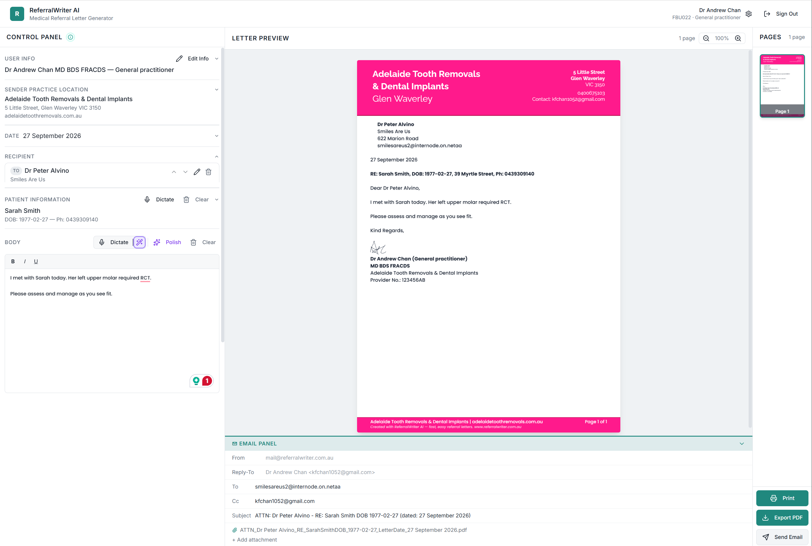 ReferralWriter AI letter composer with a referral letter preview